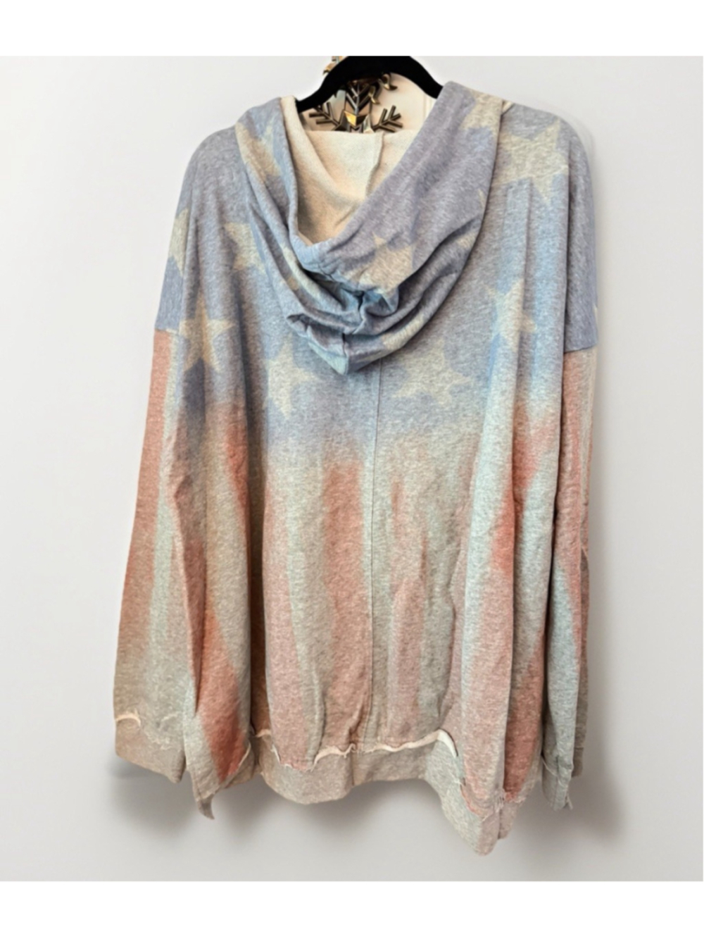 Easel American Flag Star Hoodie Top Large Blue Gray Patriotic Raw Hem NWT - Picture 2 of 5